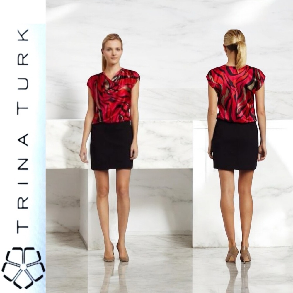 Trina Turk NWT Silk Blouson Black Stretch‎ bottom Multicolor Mini Dress. Size 10